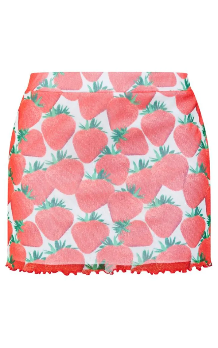 Red Strawberry Printed Lined Mesh Lettuce Hem Mini Skirt