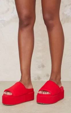 Red Stretch Lycra Round Toe Extra Chunky Platform Sandals