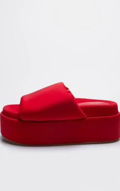 Red Stretch Lycra Round Toe Extra Chunky Platform Sandals