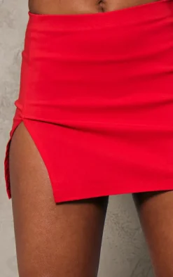 Red Stretch Woven Extreme Split Hem Micro Mini Skirt