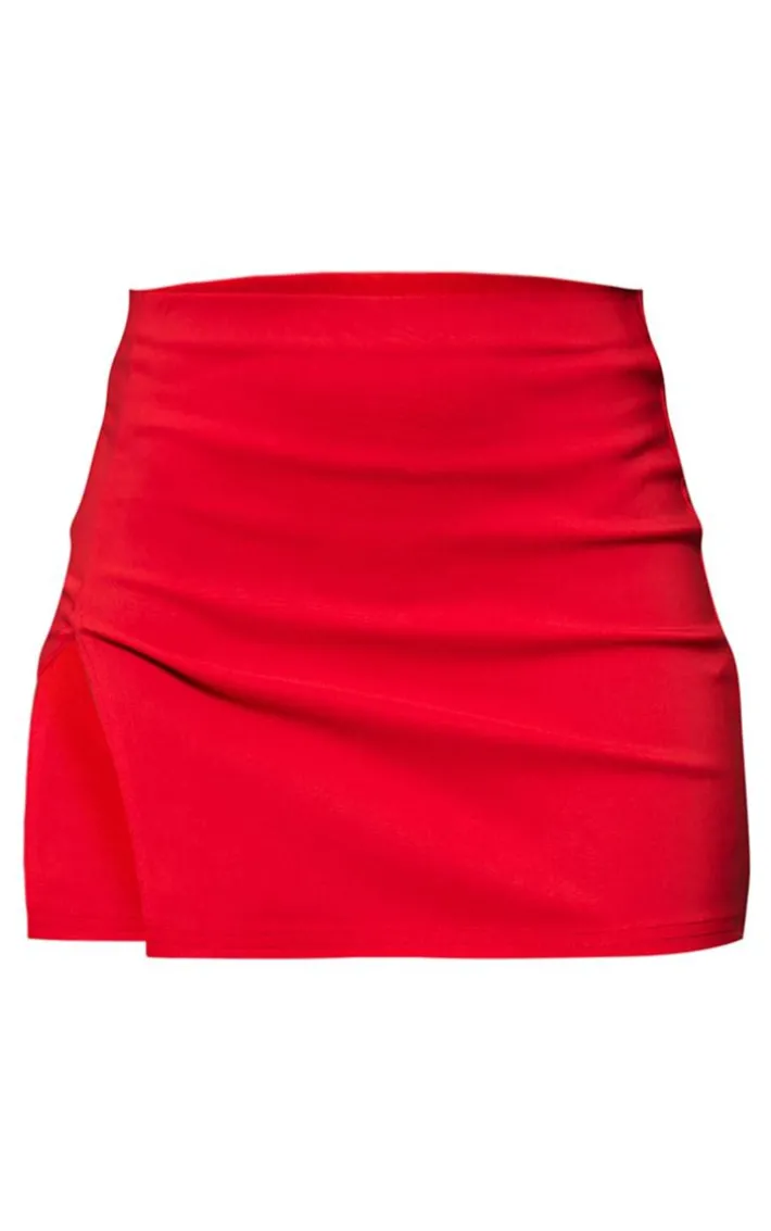 Red Stretch Woven Extreme Split Hem Micro Mini Skirt