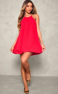 Red Stretch Woven High Neck Puff Ball Dress