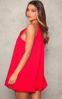 Red Stretch Woven High Neck Puff Ball Dress