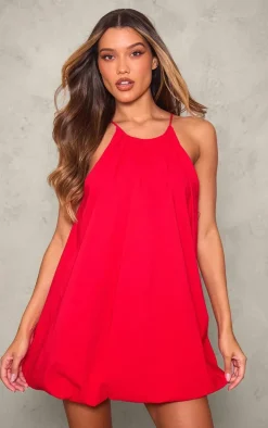 Red Stretch Woven High Neck Puff Ball Dress