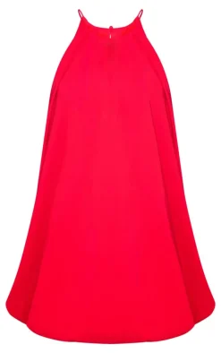 Red Stretch Woven High Neck Puff Ball Dress