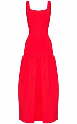 Red Stretch Woven Puff Hem Midi Dress