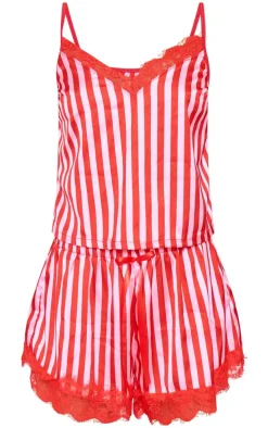 Red Stripe Contrast Lace Satin Cami Short PJ Set