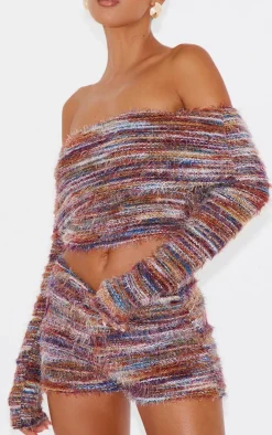 Red Stripe Eyelash Textured Fold Over Hot Pants