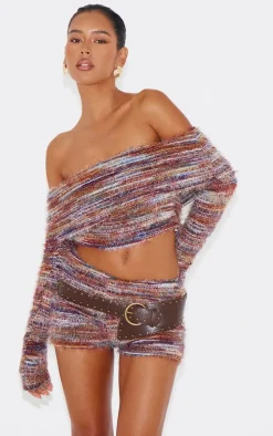 Red Stripe Eyelash Textured Foldover Bardot Top