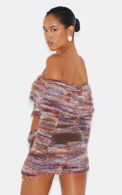 Red Stripe Eyelash Textured Foldover Bardot Top