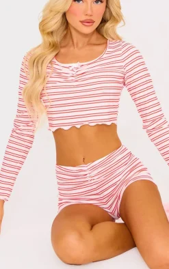 Red Stripe Long Sleeve Top And Short Pj Set