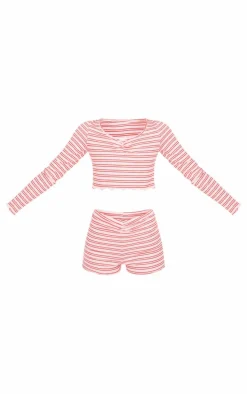 Red Stripe Long Sleeve Top And Short Pj Set