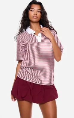 Red Striped Collared Oversized T Shirt