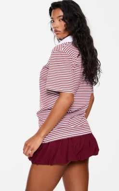 Red Striped Collared Oversized T Shirt