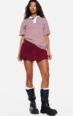 Red Striped Collared Oversized T Shirt