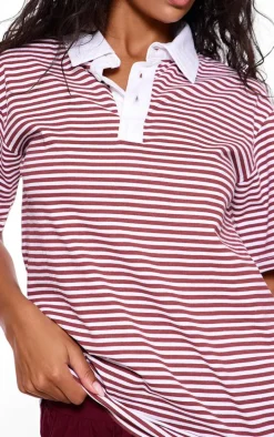 Red Striped Collared Oversized T Shirt