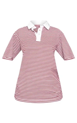 Red Striped Collared Oversized T Shirt