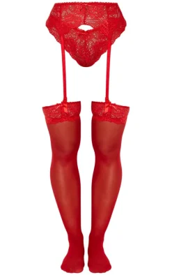 Red Suspender, Hold Up Stocking & Panties Set