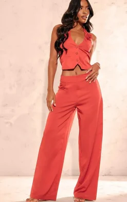 Red Tailored Mid Rise Wide Leg Pants