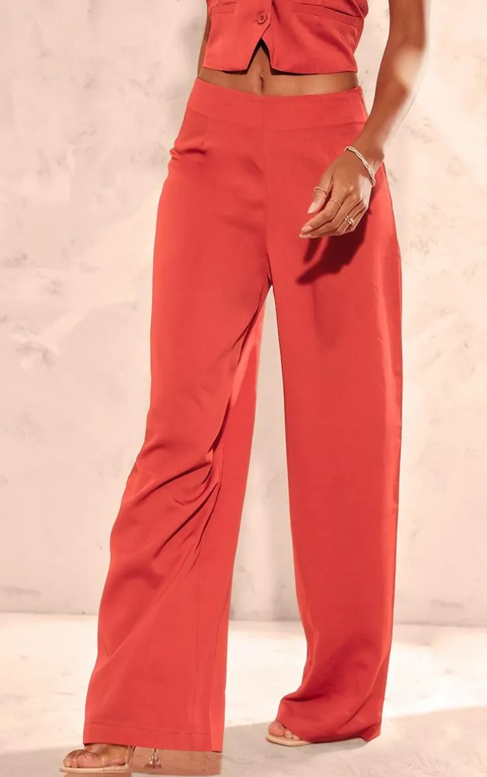 Red Tailored Mid Rise Wide Leg Pants