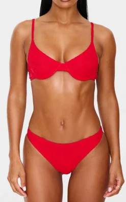 Red Textured Floral High Leg Bikini Bottoms