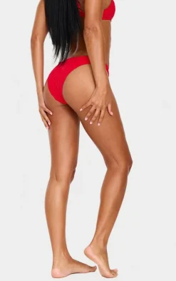 Red Textured Floral High Leg Bikini Bottoms