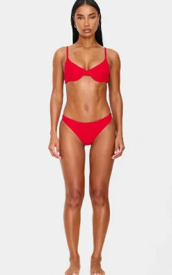Red Textured Floral High Leg Bikini Bottoms