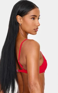 Red Textured Floral Underwired Bikini Top