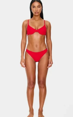 Red Textured Floral Underwired Bikini Top