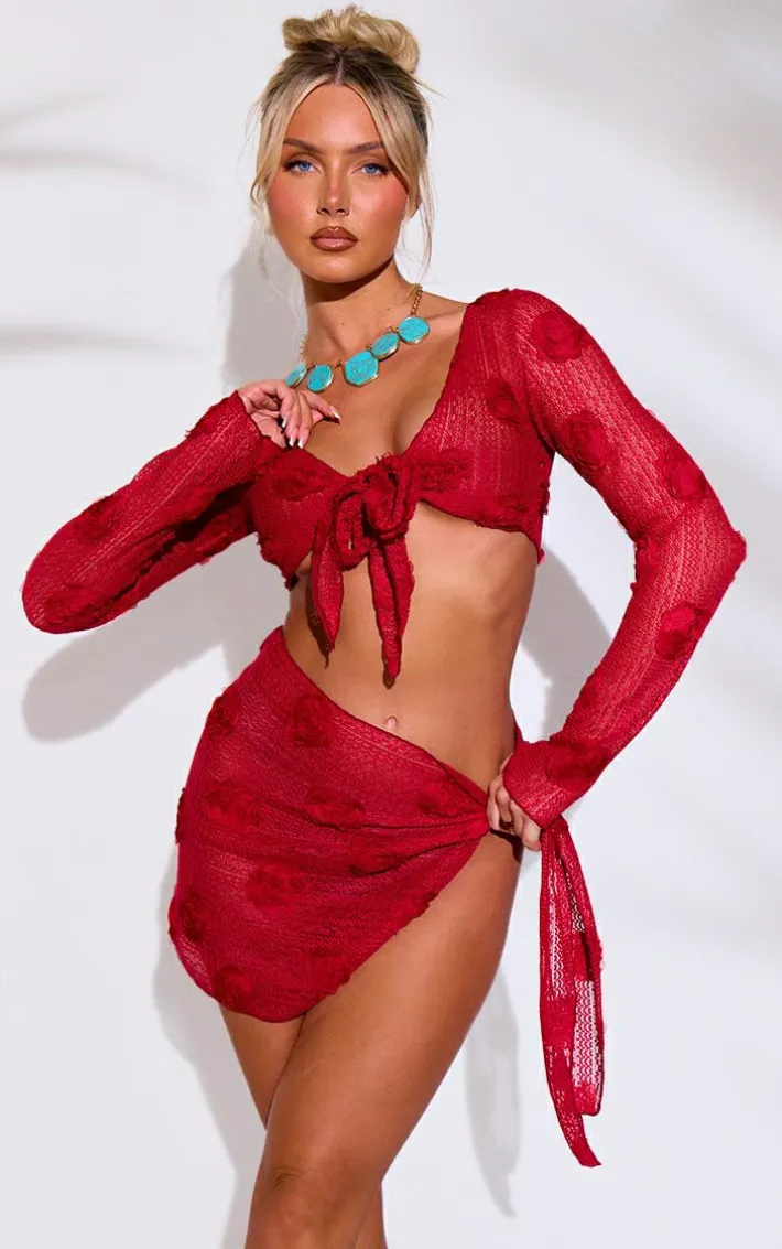 Red Textured Flower Trim Tie Front Beach Top