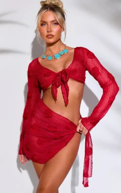 Red Textured Flower Trim Beach Sarong