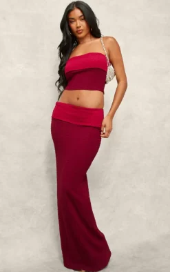 Red Textured Fold Over Maxi Skirt