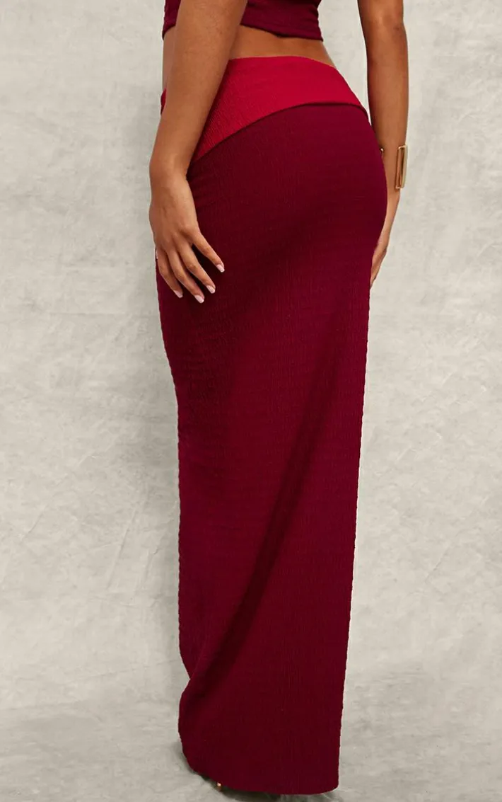 Red Textured Fold Over Maxi Skirt