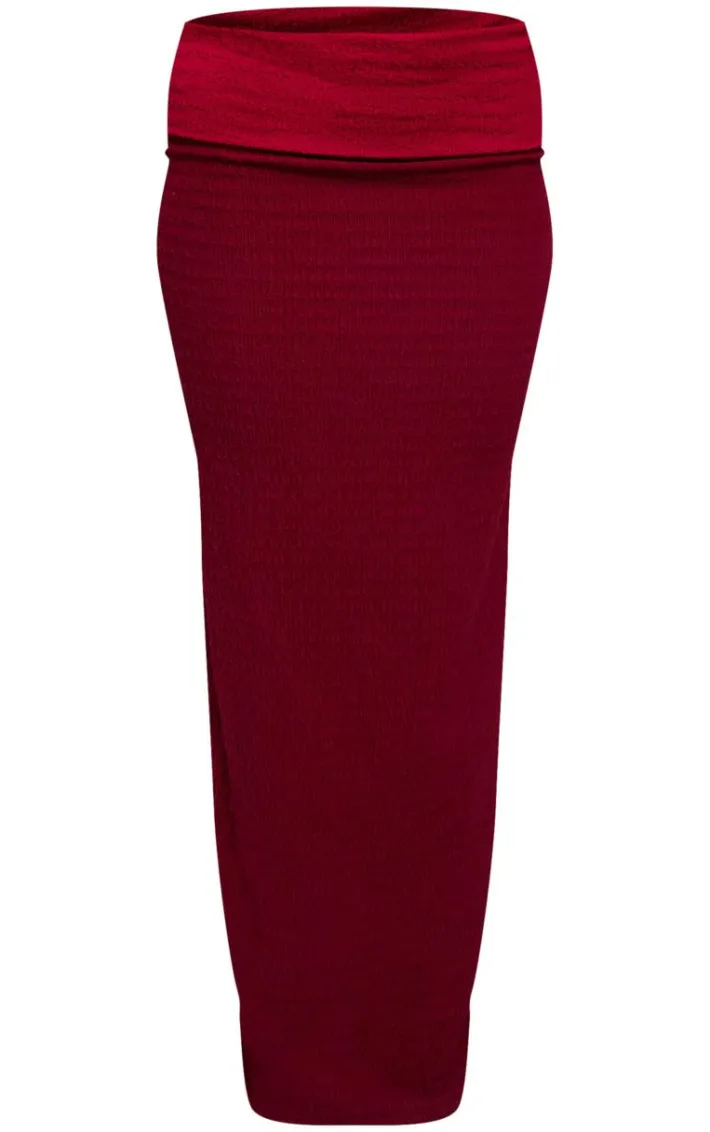 Red Textured Fold Over Maxi Skirt
