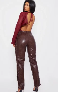 Red Textured Mesh Open Tie Back Detail Bodysuit