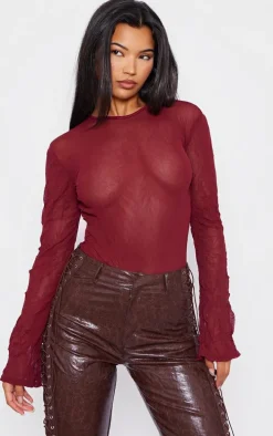 Red Textured Mesh Open Tie Back Detail Bodysuit