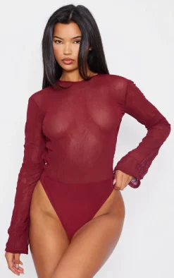 Red Textured Mesh Open Tie Back Detail Bodysuit
