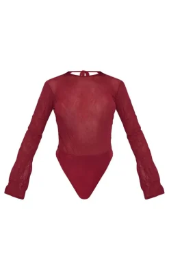 Red Textured Mesh Open Tie Back Detail Bodysuit