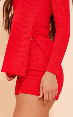 Red Textured Rib Long Sleeve Split Hem Longline Top