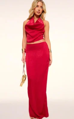 Red Textured Satin Low Rise Maxi Skirt