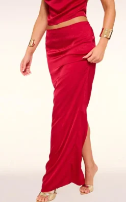 Red Textured Satin Low Rise Maxi Skirt