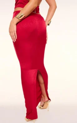 Red Textured Satin Low Rise Maxi Skirt