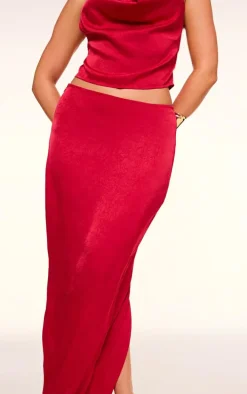 Red Textured Satin Low Rise Maxi Skirt