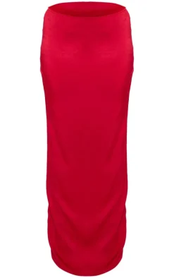 Red Textured Satin Low Rise Maxi Skirt