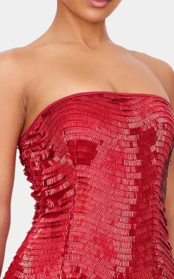 Red Textured Sequin Bandeau Mini Dress