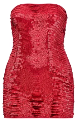 Red Textured Sequin Bandeau Mini Dress