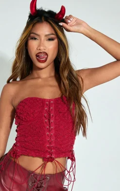 Red Textured Woven Lace Up Bandeau Crop Top