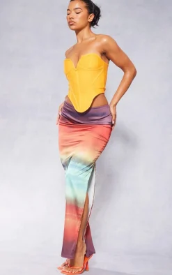 Red Tie Dye Printed Satin Low Rise Maxi Skirt