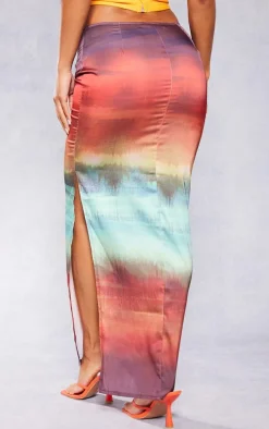 Red Tie Dye Printed Satin Low Rise Maxi Skirt