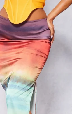 Red Tie Dye Printed Satin Low Rise Maxi Skirt